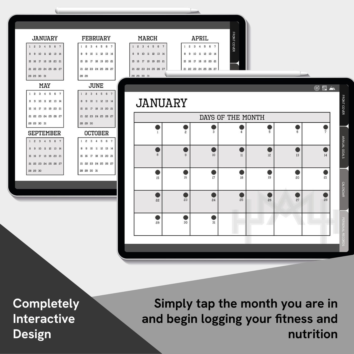 Calendar app interface on a tablet with interactive design for fitness and nutrition logging.