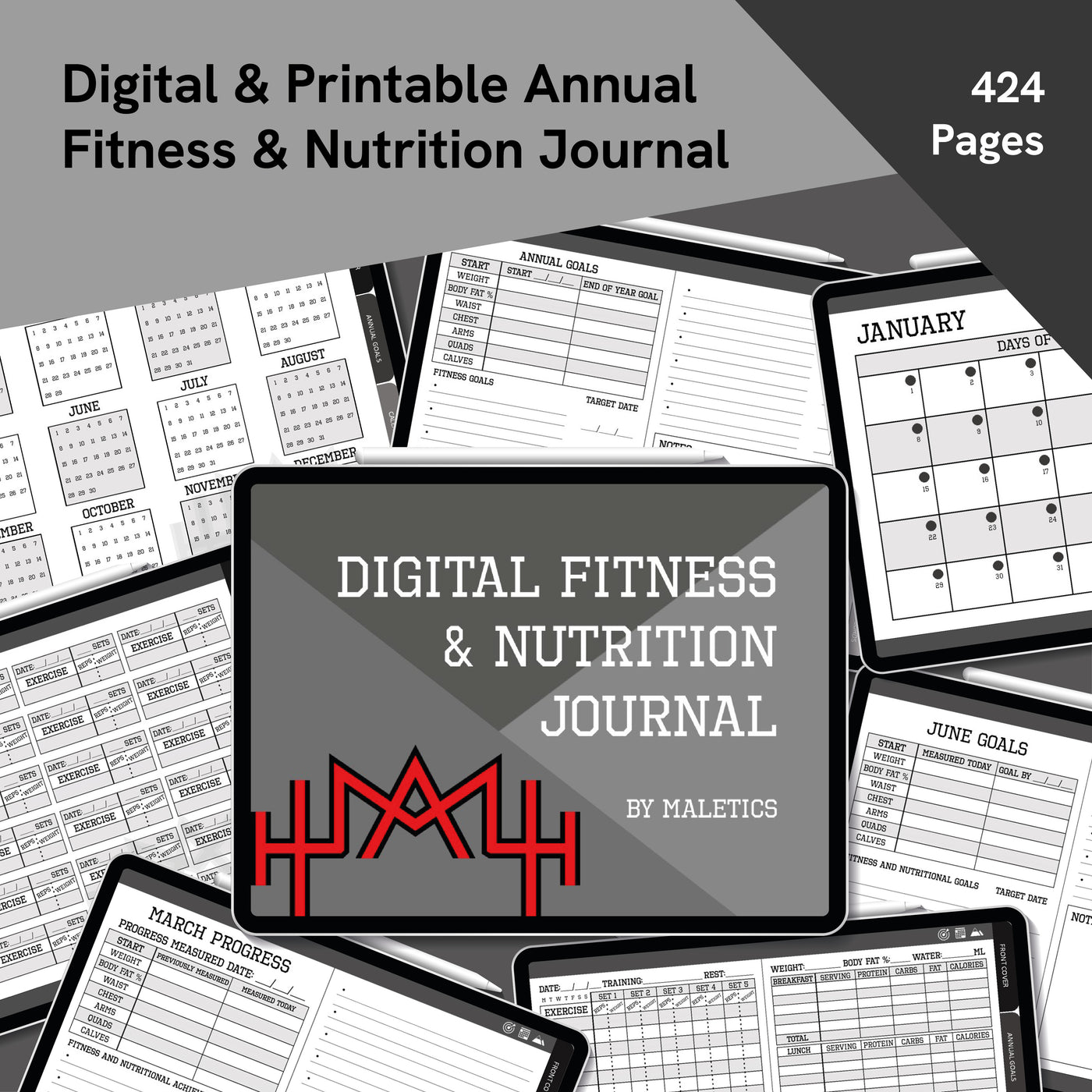 Digital fitness and nutrition journal with calendar and goal-setting pages on a tablet screen.
