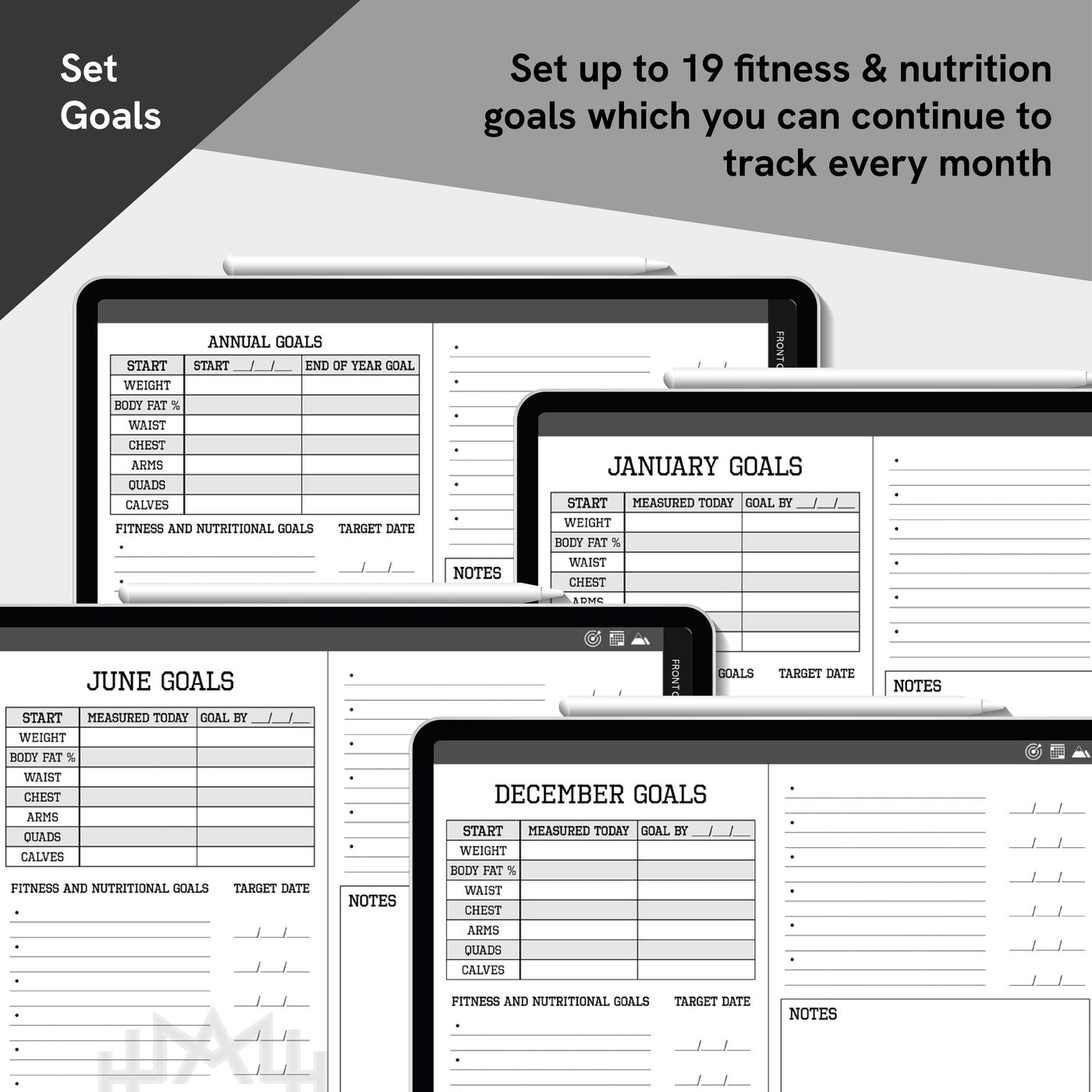 Goal-setting templates for fitness and nutrition on a white background