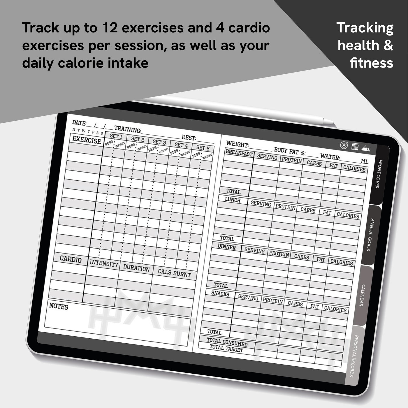 Digital fitness and health tracking app on a tablet screen with text about exercise and calorie intake.