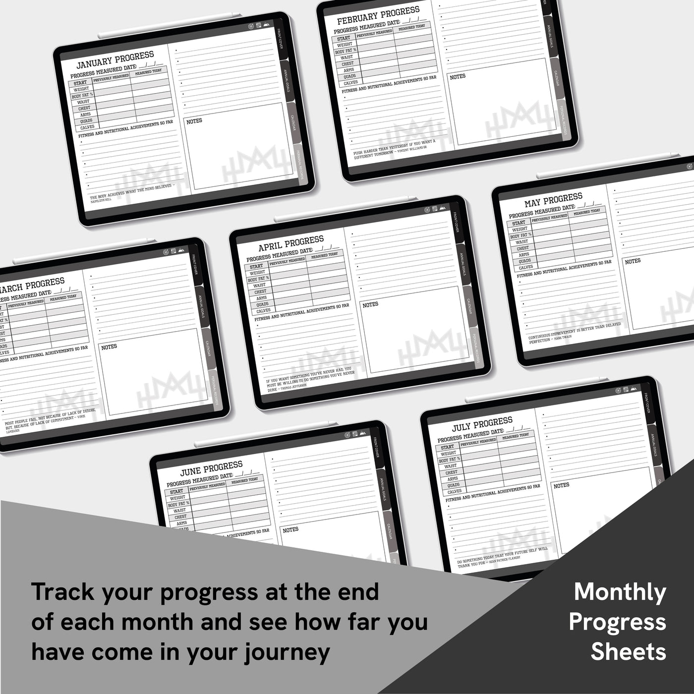 Multiple tablets displaying monthly progress sheets on a white background