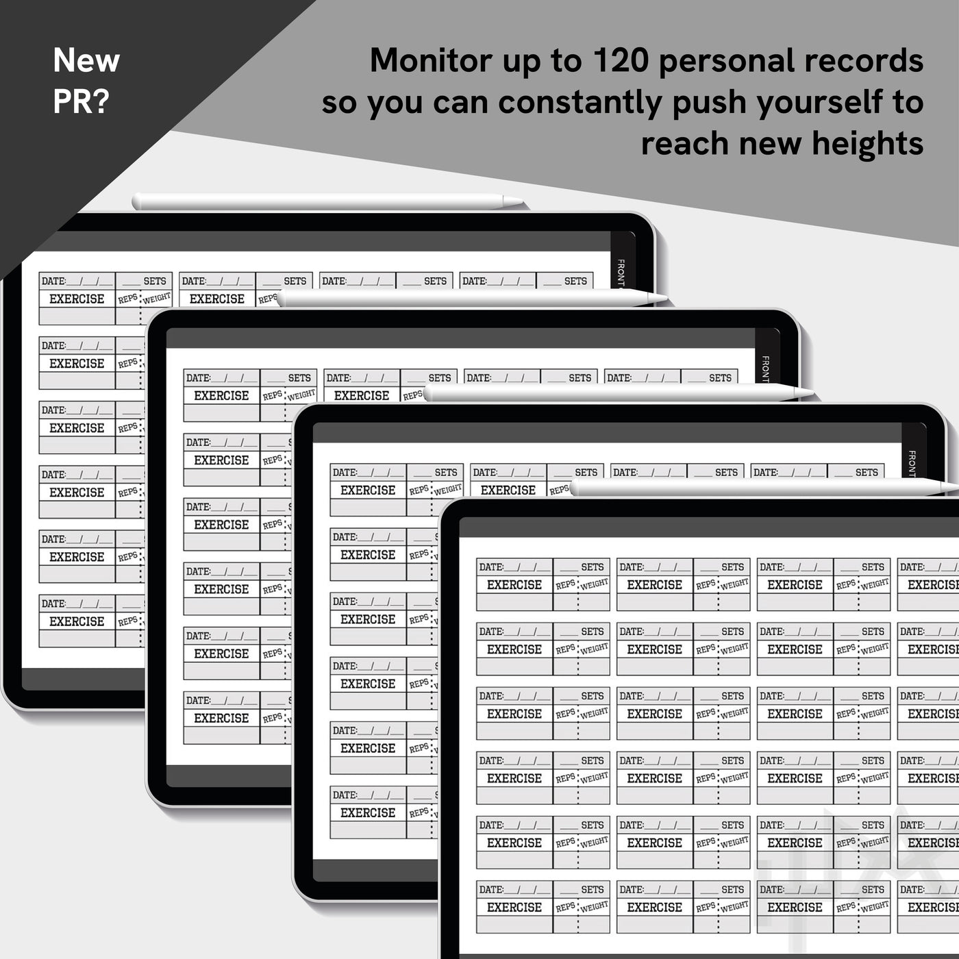 Digital fitness tracking app interface on tablets with text about personal records and goals.